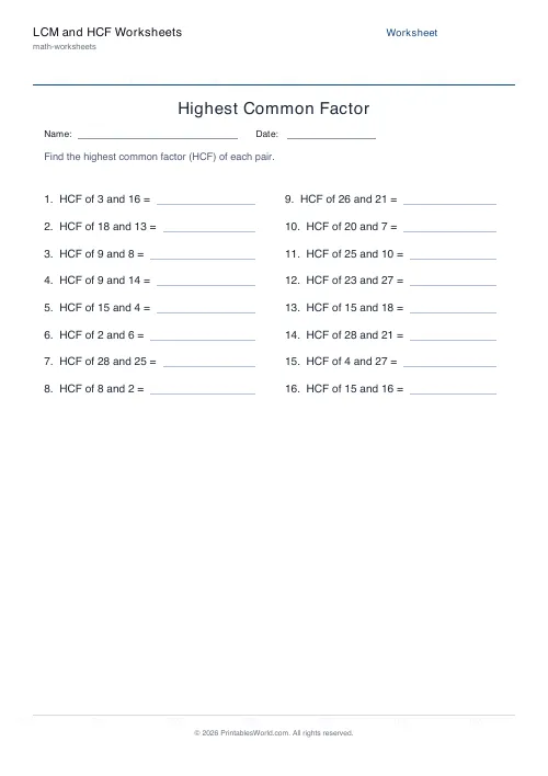 Free printable lcm and hcf worksheet — HCF — PDF download