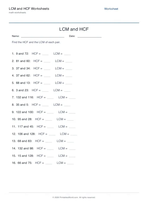 Free printable lcm and hcf worksheet — 144, with answer key — PDF download