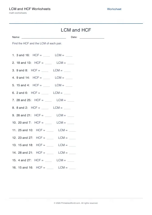 Free printable lcm and hcf worksheet — Both — PDF download