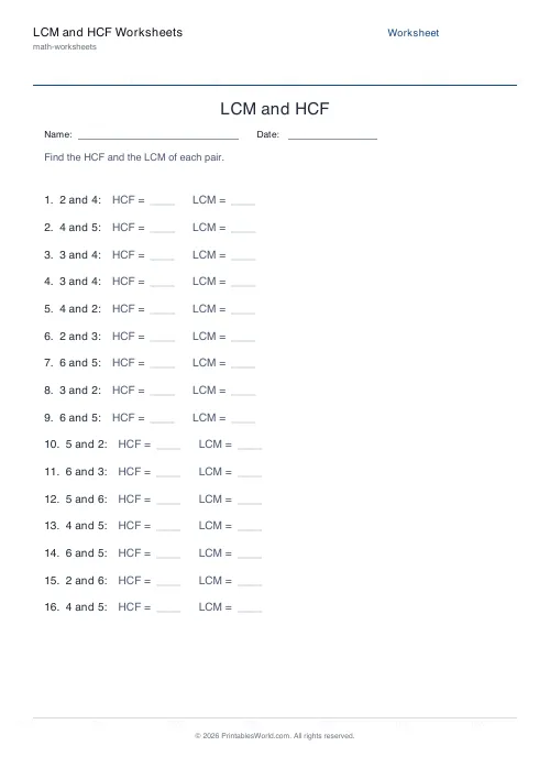 Free printable lcm and hcf worksheet — 6 — PDF download