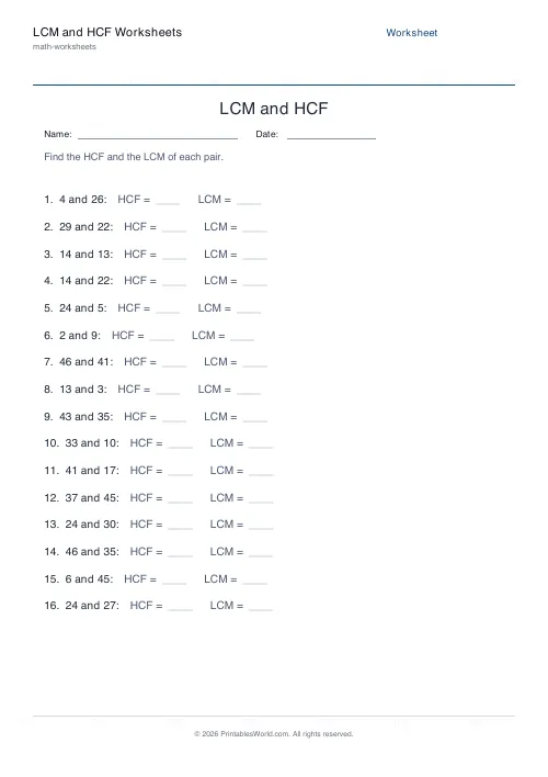 Free printable lcm and hcf worksheet — 50 — PDF download