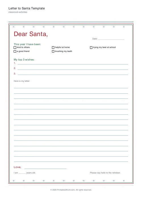 Free printable letter to Santa (Ruled lines), PDF download
