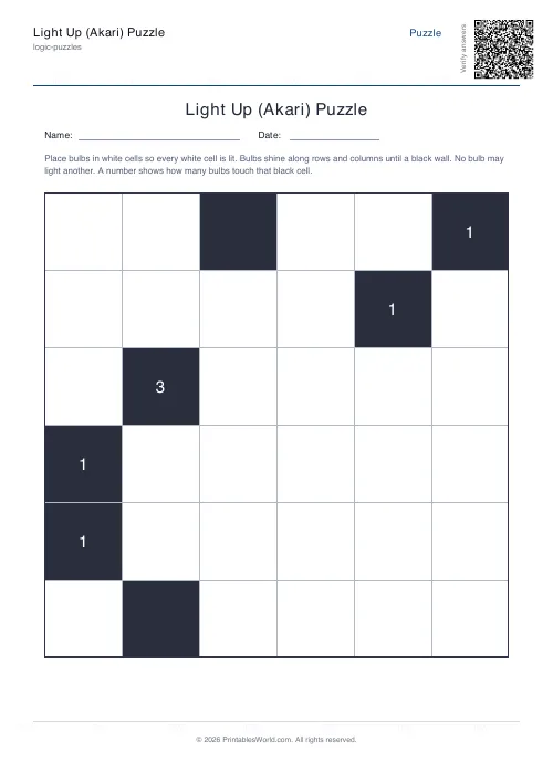 Free printable akari light up puzzle — 6x6, with answer key — PDF download