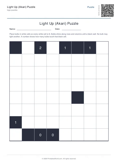 Free printable akari light up puzzle — 8x8, with answer key — PDF download