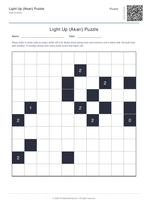 Free printable akari light up puzzle — 10x10, with answer key — PDF download