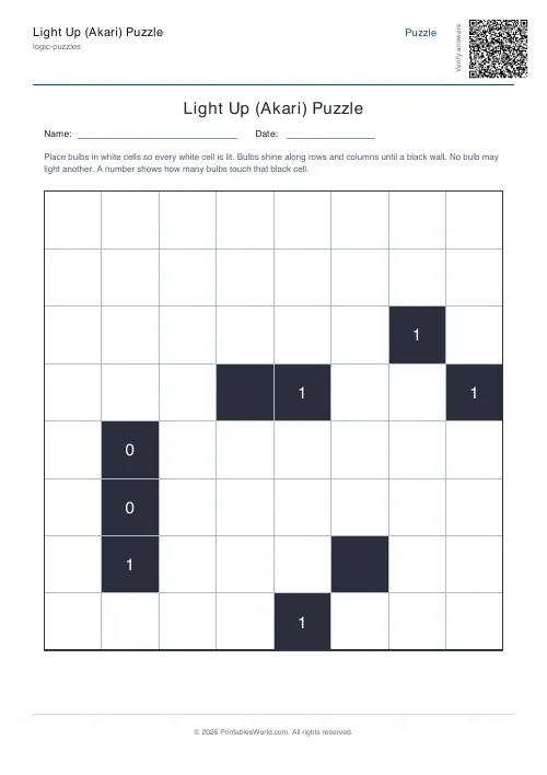 Free printable akari light up puzzle — Medium — PDF download