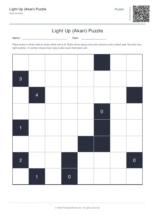 Free printable akari light up puzzle — Hard — PDF download