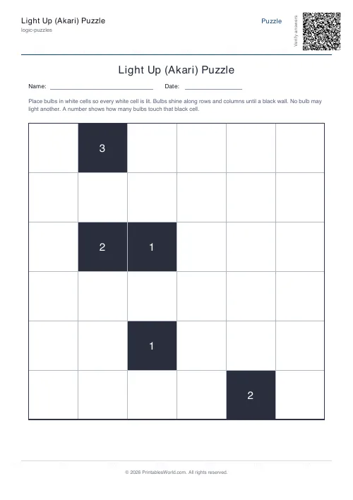 Free printable akari light up puzzle — 6x6 — PDF download