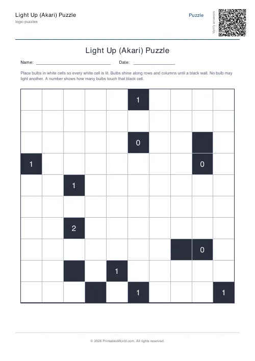 Free printable akari light up puzzle — 10x10 — PDF download