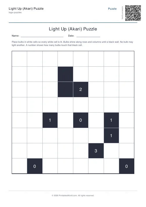Free printable akari light up puzzle — Easy, with answer key — PDF download