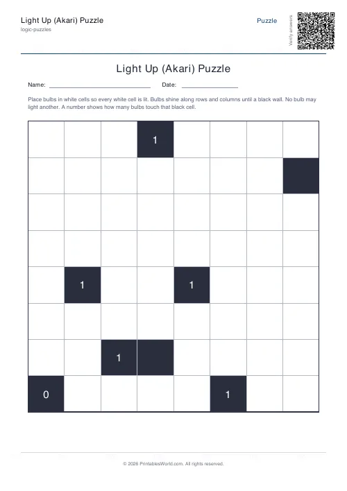 Free printable akari light up puzzle — Medium, with answer key — PDF download