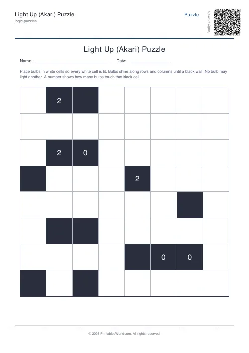 Free printable akari light up puzzle — Hard, with answer key — PDF download