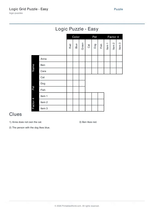 Free printable logic grid puzzle — 4 categories, with answer key — PDF download