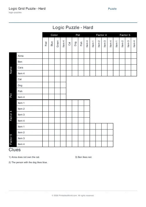Free printable logic grid puzzle — 4 items — PDF download
