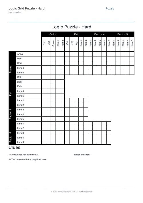 Free printable logic grid puzzle — 5 categories, with answer key — PDF download