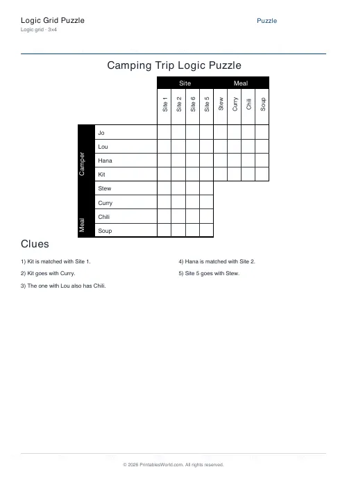 Free printable Camping Trip logic grid puzzle — 3×4 — PDF download