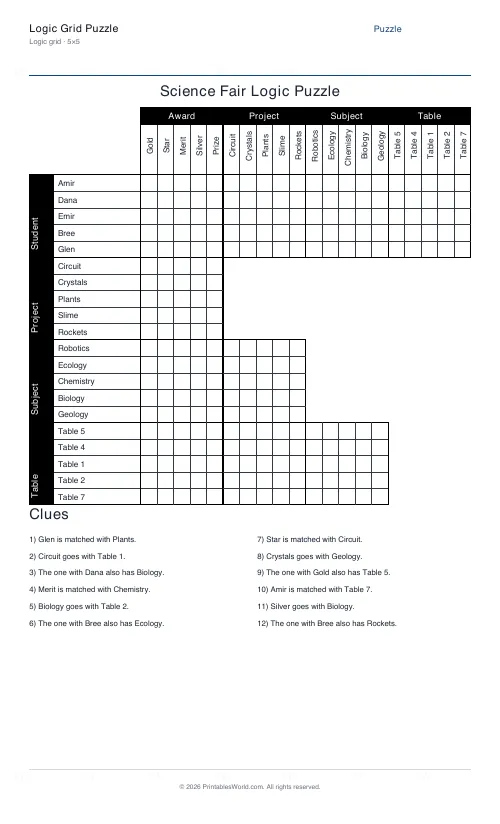Free printable Science Fair logic grid puzzle — 5×5 — PDF download