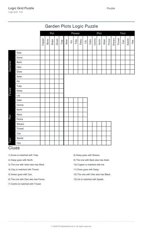 Free printable Garden Plots logic grid puzzle — 5×5 — PDF download