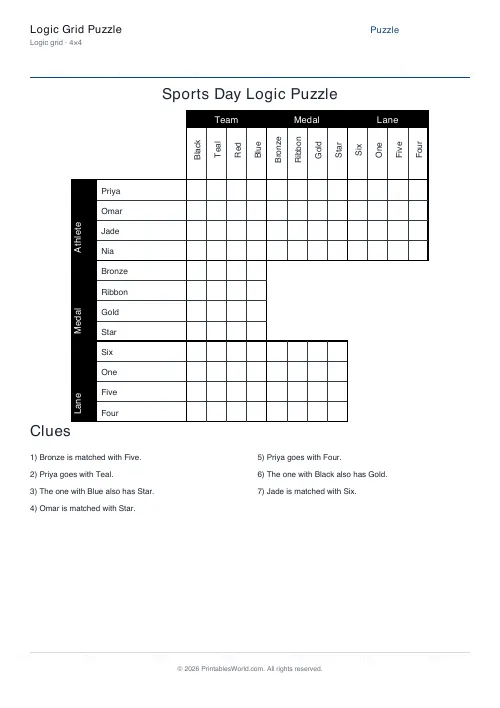 Free printable Sports Day logic grid puzzle — 4×4 — PDF download