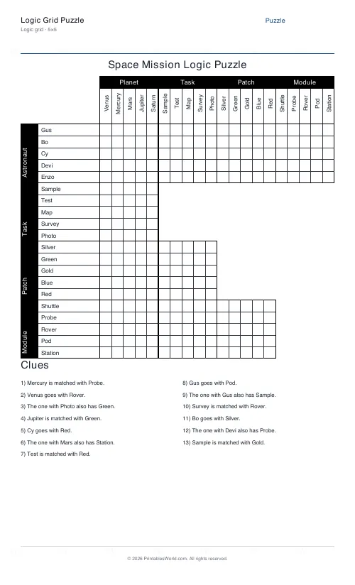 Free printable Space Mission logic grid puzzle — 5×5 — PDF download