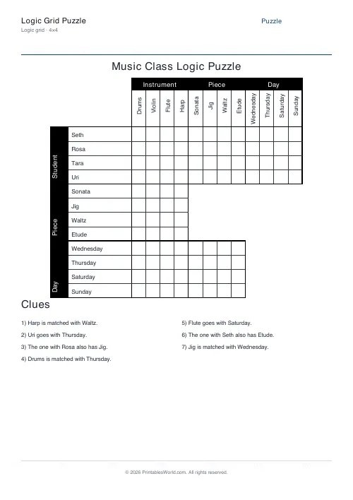 Free printable Music Class logic grid puzzle — 4×4 — PDF download