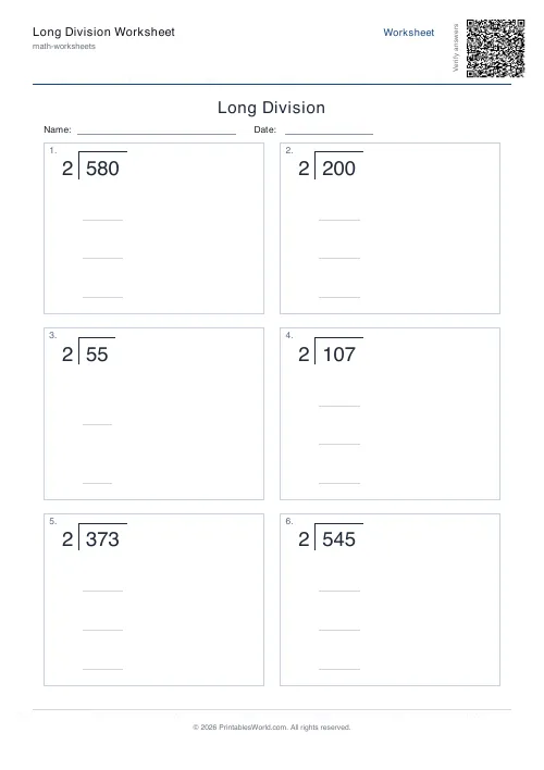 Free printable long division worksheet — 2, with answer key — PDF download