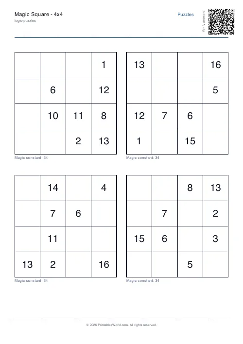Free printable magic square puzzle — 4x4 — PDF download