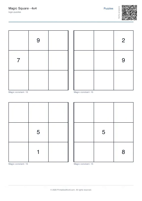 Free printable magic square puzzle — 3x3, with answer key — PDF download