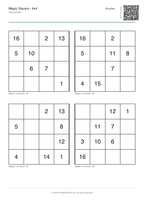 Free printable magic square puzzle — 4x4, with answer key — PDF download