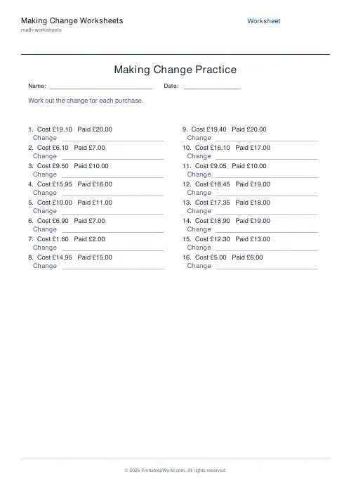 Free printable making change money worksheet — GBP — PDF download