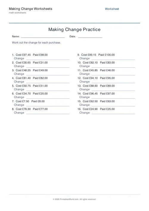 Free printable making change money worksheet — 100, with answer key — PDF download