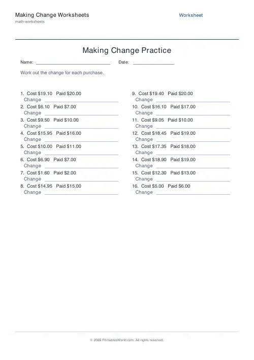 Free printable making change money worksheet — USD — PDF download