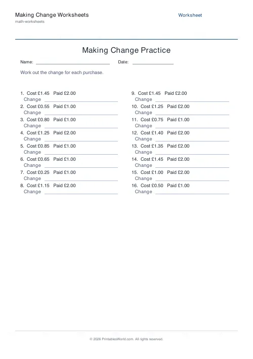 Free printable making change money worksheet — 2, with answer key — PDF download
