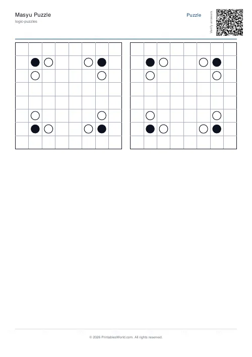 Free printable masyu loop puzzle — 8x8, with answer key — PDF download