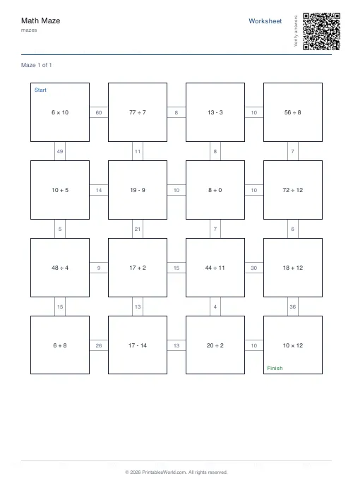 Free printable math maze — Small — PDF download
