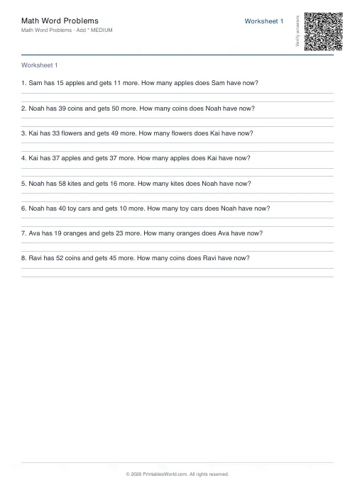 Free printable math word problems worksheet — Addition — PDF download