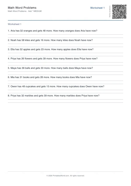 Free printable math word problems worksheet — Addition, with answer key — PDF download