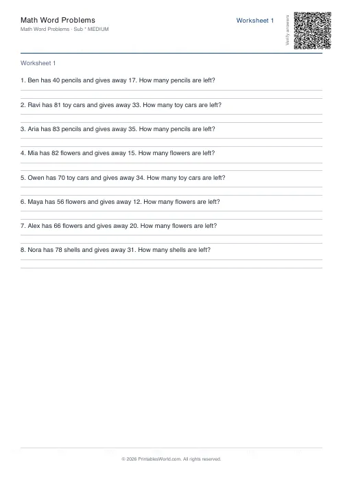 Free printable math word problems worksheet — Subtraction — PDF download