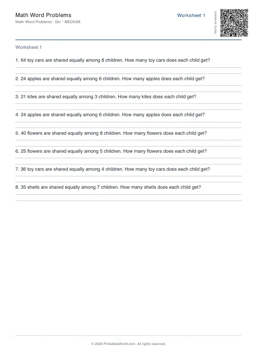 Free printable math word problems worksheet — Division — PDF download