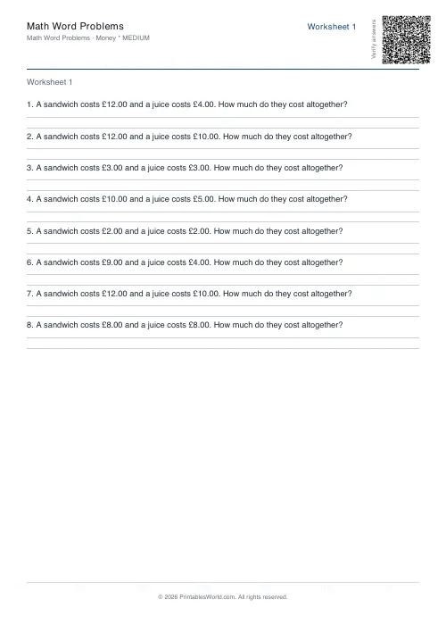 Free printable math word problems worksheet — Money — PDF download