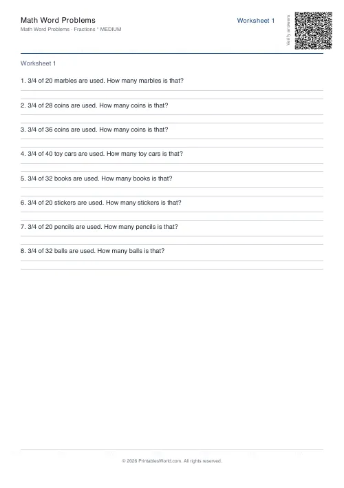 Free printable math word problems worksheet — Fractions — PDF download