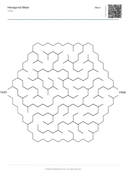 Free printable hexagonal maze — Hard, with answer key — PDF download