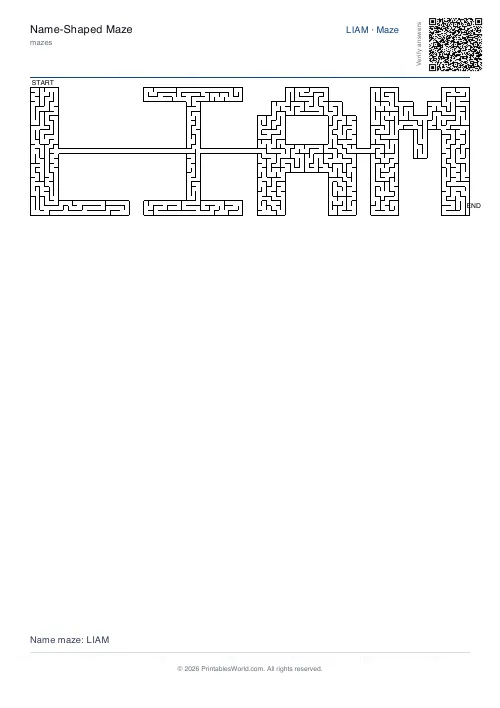 Free printable name maze — Liam, with answer key — PDF download