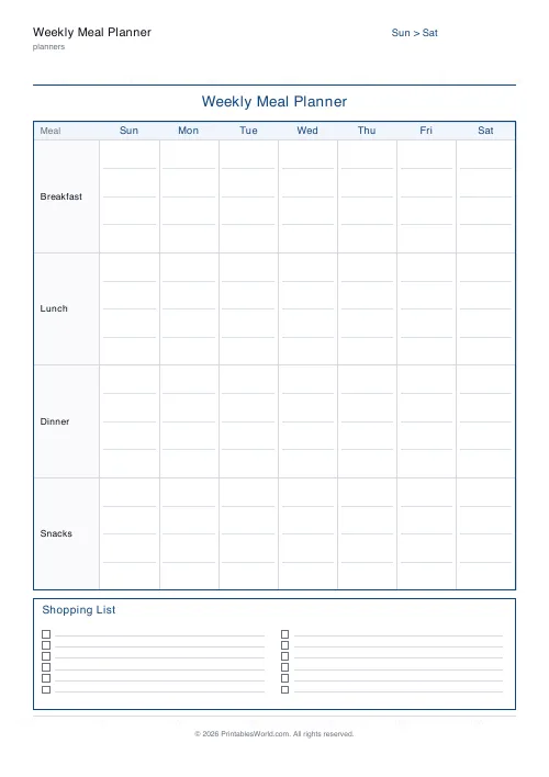 Free printable weekly meal planner — Sunday start — PDF download