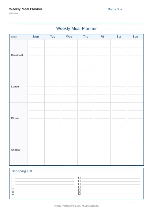 Free printable weekly meal planner — With snacks — PDF download