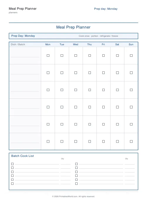Free printable meal prep planner — Monday prep — PDF download