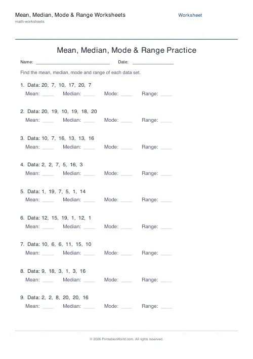 Free printable mean, median, mode and range worksheet — 6 — PDF download