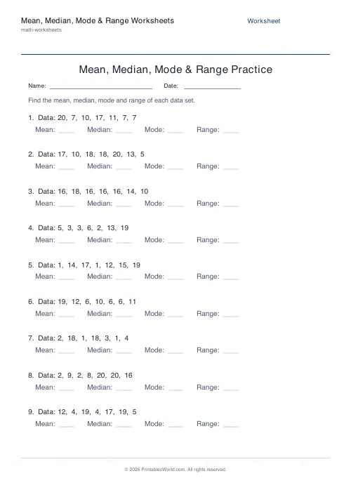 Free printable mean, median, mode and range worksheet — 7 — PDF download