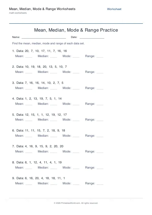 Free printable mean, median, mode and range worksheet — 8 — PDF download