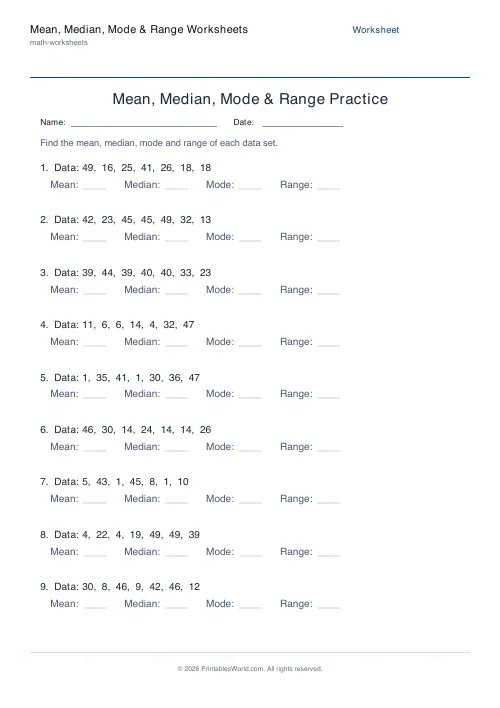 Free printable mean, median, mode and range worksheet — 50 — PDF download